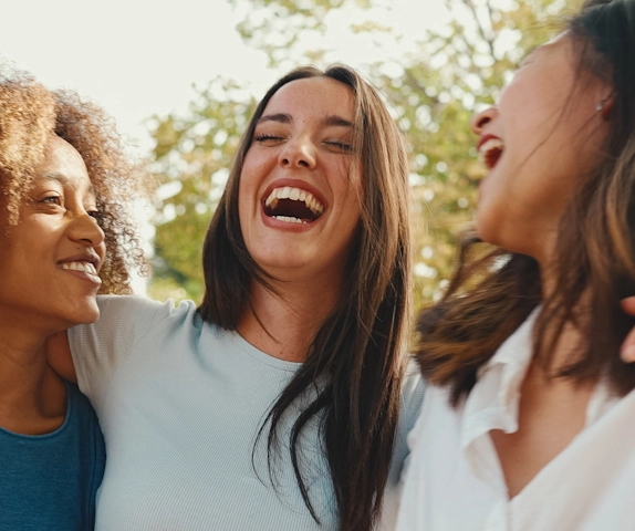 Happy friends smile, free from depression and anxiety